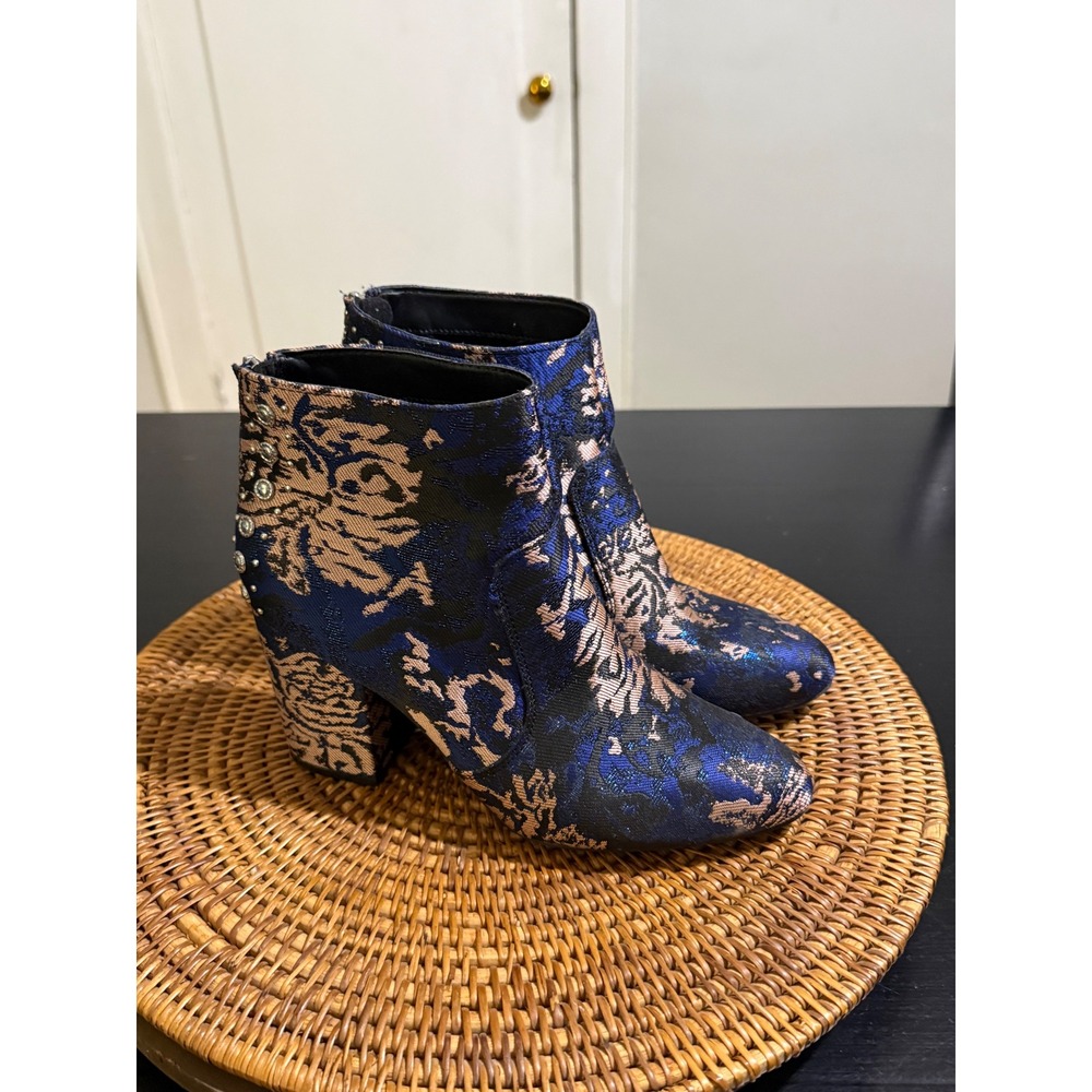 G by GUESS Women Blue Rose Gold Floral Brocade Studded Block Heel Ankle Boots